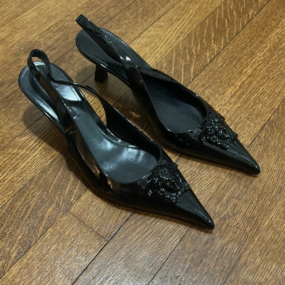 Authentic Versace Black Kitten Heel Pumps with medusa head - Picture 9 of 15